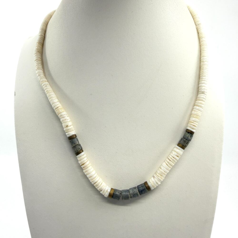 Boho Heishi Shell & Grey Stone Beaded Necklace Coastal Beach Statement Jewelry